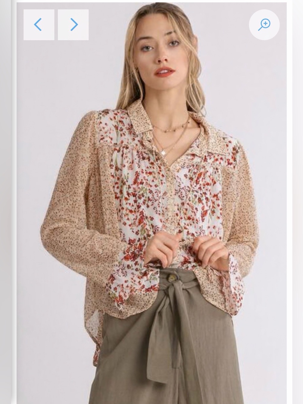 Umgee Mixed Print Metallic Detail Long Ruffle Sleeve Button Down size m
